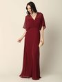 3338 Draped Sleeve Chiffon Evening Dress - Burgundy, Front View Thumbnail