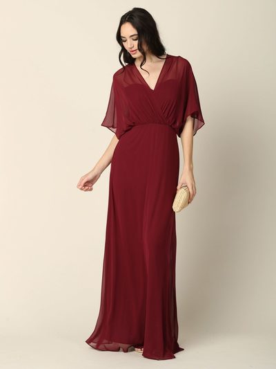3338 Draped Sleeve Chiffon Evening Dress - Burgundy, Front View Medium
