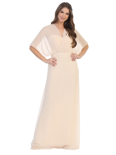 3338 Draped Sleeve Chiffon Evening Dress - Champagne, Front View Medium
