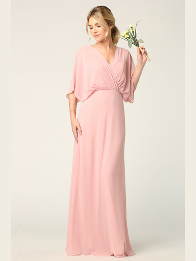 3338 Draped Sleeve Chiffon Evening Dress - Dusty Rose, Front View Medium