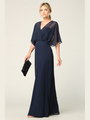 3338 Draped Sleeve Chiffon Evening Dress - Navy, Front View Thumbnail