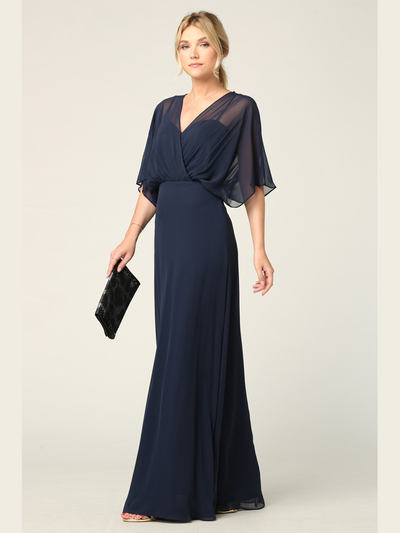 3338 Draped Sleeve Chiffon Evening Dress - Navy, Front View Medium