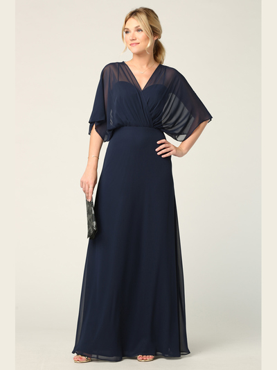 3338 Draped Sleeve Chiffon Evening Dress - Navy, Alt View Medium