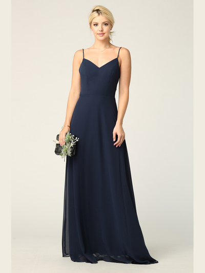 3341 Chiffon Evening Dress With Convertible Shoulder Straps - Navy, Front View Medium