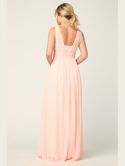 3342 Sleeveless V-Neck Empire Waist Evening Dress with Slit - Blush, Back View Medium