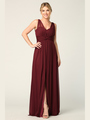 3342 Sleeveless V-Neck Empire Waist Evening Dress with Slit - Burgundy, Front View Thumbnail