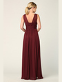 3342 Sleeveless V-Neck Empire Waist Evening Dress with Slit - Burgundy, Back View Thumbnail
