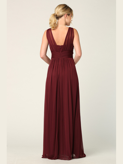 3342 Sleeveless V-Neck Empire Waist Evening Dress with Slit - Burgundy, Back View Medium