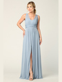 3342 Sleeveless V-Neck Empire Waist Evening Dress with Slit - Dusty Blue, Front View Thumbnail