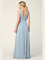 3342 Sleeveless V-Neck Empire Waist Evening Dress with Slit - Dusty Blue, Back View Thumbnail