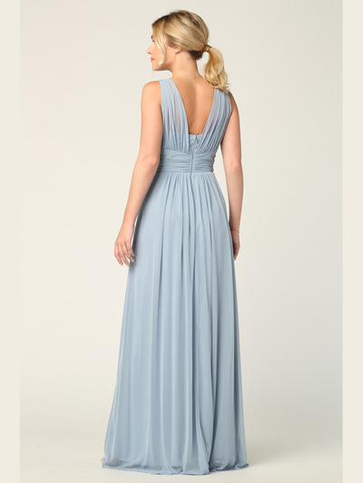 3342 Sleeveless V-Neck Empire Waist Evening Dress with Slit - Dusty Blue, Back View Medium