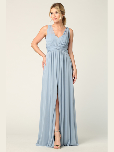 3342 Sleeveless V-Neck Empire Waist Evening Dress with Slit - Dusty Blue, Front View Medium