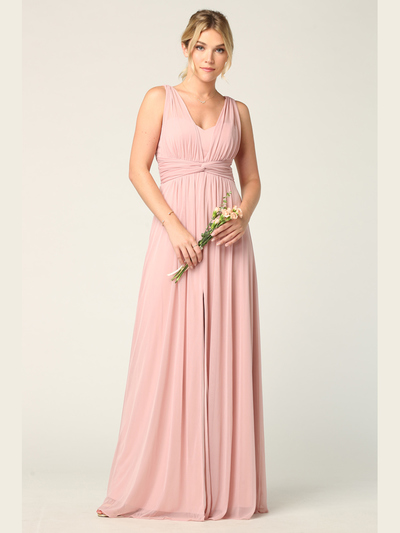 3342 Sleeveless V-Neck Empire Waist Evening Dress with Slit - Dusty Rose, Front View Medium
