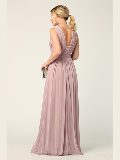 3342 Sleeveless V-Neck Empire Waist Evening Dress with Slit - Mauve, Back View Medium