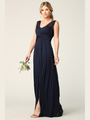 3342 Sleeveless V-Neck Empire Waist Evening Dress with Slit - Navy, Back View Thumbnail