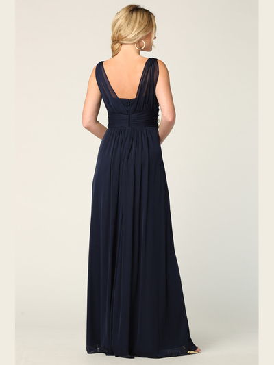 3342 Sleeveless V-Neck Empire Waist Evening Dress with Slit - Navy, Alt View Medium