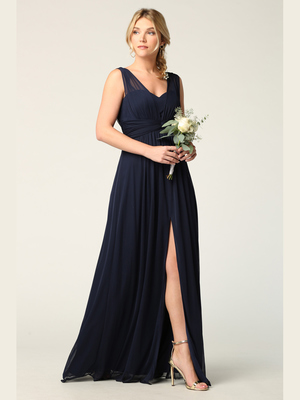 3342 Sleeveless V-Neck Empire Waist Evening Dress with Slit, Navy