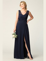 3342 Sleeveless V-Neck Empire Waist Evening Dress with Slit - Navy, Alt View Thumbnail