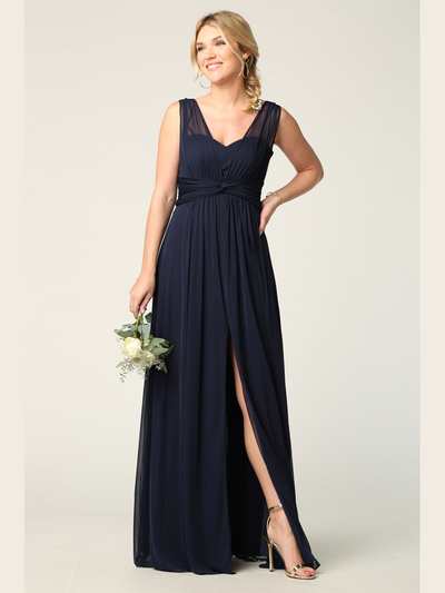 3342 Sleeveless V-Neck Empire Waist Evening Dress with Slit - Navy, Alt View Medium