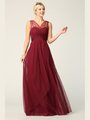 3344 Long Tulle Sleeveless Empire Waist Evening Dress - Burgundy, Front View Thumbnail