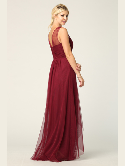 3344 Long Tulle Sleeveless Empire Waist Evening Dress - Burgundy, Back View Medium