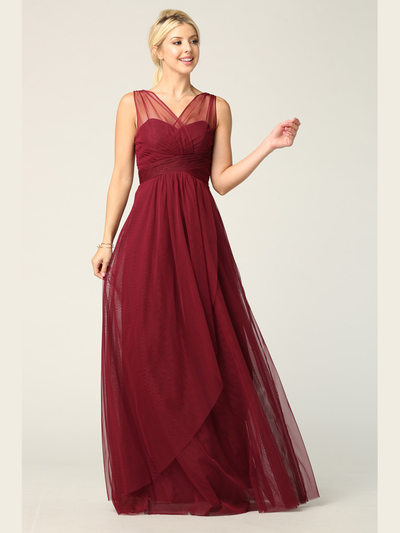 3344 Long Tulle Sleeveless Empire Waist Evening Dress - Burgundy, Front View Medium