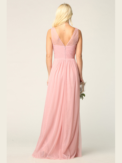 3344 Long Tulle Sleeveless Empire Waist Evening Dress - Dusty Rose, Back View Medium