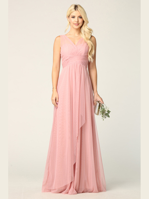3344 Long Tulle Sleeveless Empire Waist Evening Dress, Dusty Rose