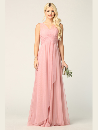 3344 Long Tulle Sleeveless Empire Waist Evening Dress - Dusty Rose, Front View Medium
