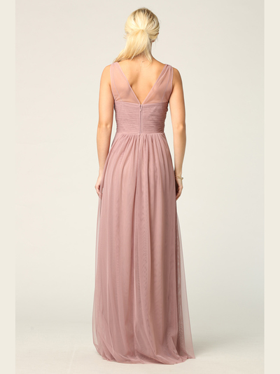 3344 Long Tulle Sleeveless Empire Waist Evening Dress - Mauve, Back View Medium