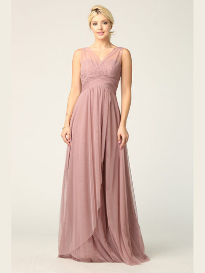 3344 Long Tulle Sleeveless Empire Waist Evening Dress - Mauve, Front View Medium