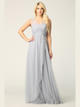 3344 Long Tulle Sleeveless Empire Waist Evening Dress - Silver, Front View Thumbnail