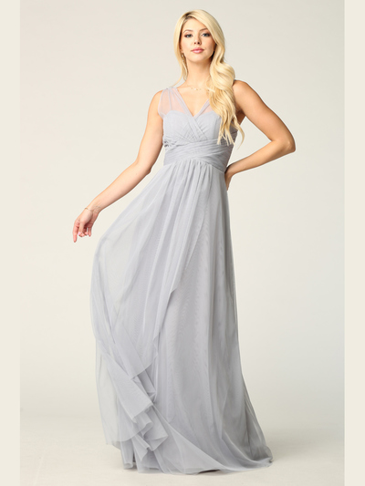 3344 Long Tulle Sleeveless Empire Waist Evening Dress - Silver, Back View Medium