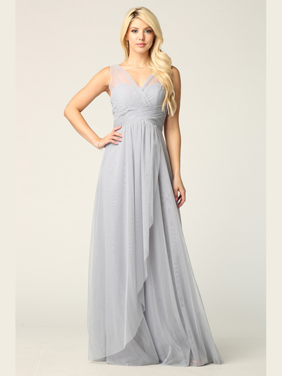 3344 Long Tulle Sleeveless Empire Waist Evening Dress - Silver, Front View Medium