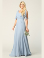 3345 V-Neck Long Chiffon Evening Dress With Flutter Sleeves - Dusty Blue, Front View Thumbnail