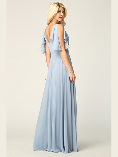 3345 V-Neck Long Chiffon Evening Dress With Flutter Sleeves - Dusty Blue, Back View Medium