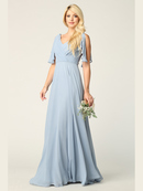 3345 V-Neck Long Chiffon Evening Dress With Flutter Sleeves, Dusty Blue