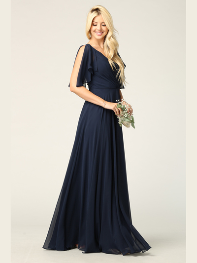 3345 V-Neck Long Chiffon Evening Dress With Flutter Sleeves - Navy, Back View Medium