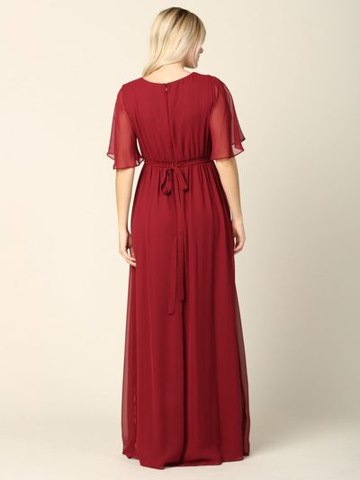 3391 Empire Waist Evening Dress with Tie String Back - Burgundy, Back View Medium