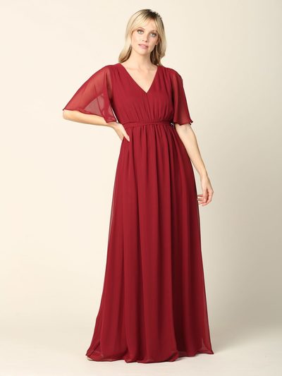 3391 Empire Waist Evening Dress with Tie String Back - Burgundy, Front View Medium