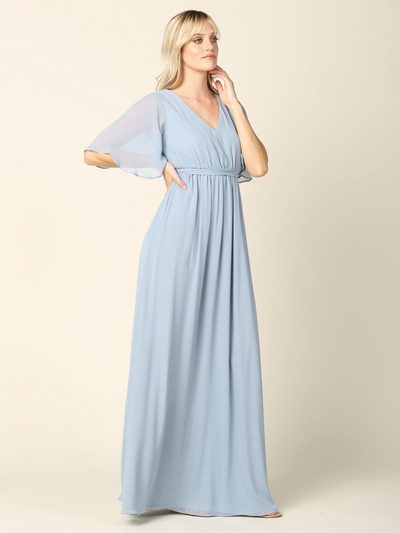 3391 Empire Waist Evening Dress with Tie String Back - Dusty Blue, Back View Medium