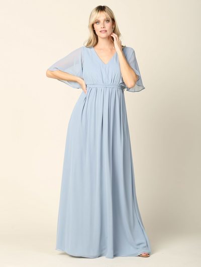 3391 Empire Waist Evening Dress with Tie String Back - Dusty Blue, Front View Medium
