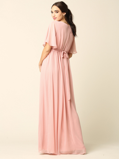 3391 Empire Waist Evening Dress with Tie String Back - Dusty Rose, Back View Medium