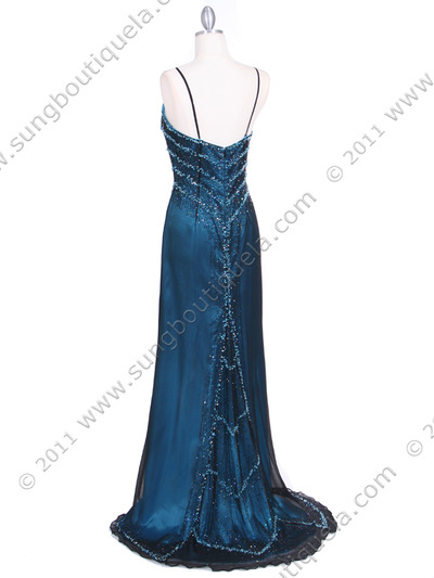 3502 Black/Turquoise Silk Beaded Evening Gown - Black Turquoise, Back View Medium