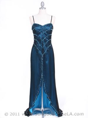 3502 Black/Turquoise Silk Beaded Evening Gown, Black Turquoise