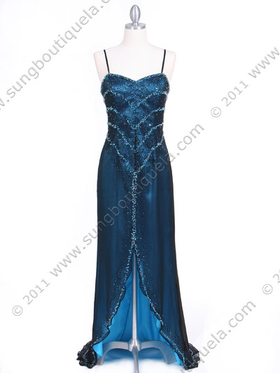 3502 Black/Turquoise Silk Beaded Evening Gown - Black Turquoise, Front View Medium