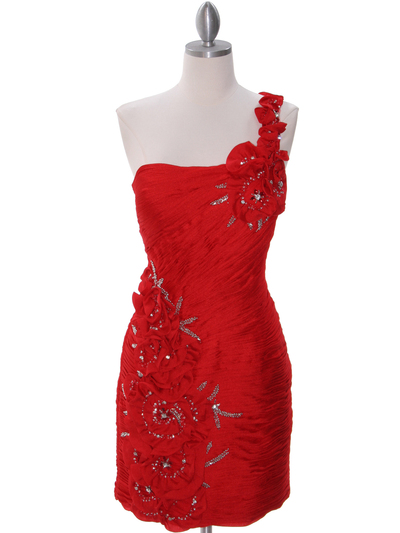 35053C Red One Shoulder Flora Evening Dress by Terani - Red, Front View Medium