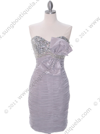 35079C Silver Cocktail Dress with Bow by Terani - Silver, Front View Medium