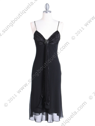 3574 Black Pleated Satin Top Dress - Black, Front View Medium