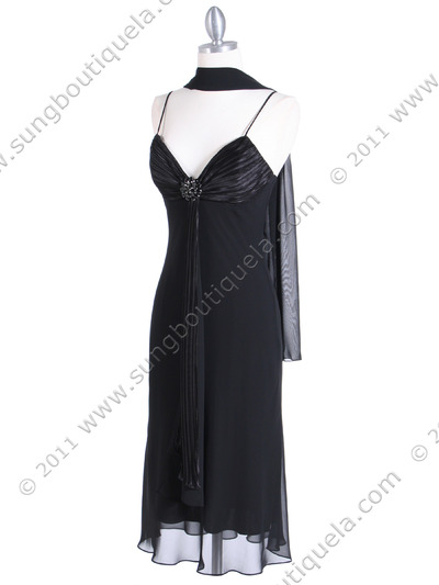 3574 Black Pleated Satin Top Dress - Black, Alt View Medium